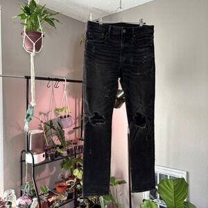 American Eagle Skinny Jeans Mens 31x30 Black Distressed Ripped AirFlex Denim
